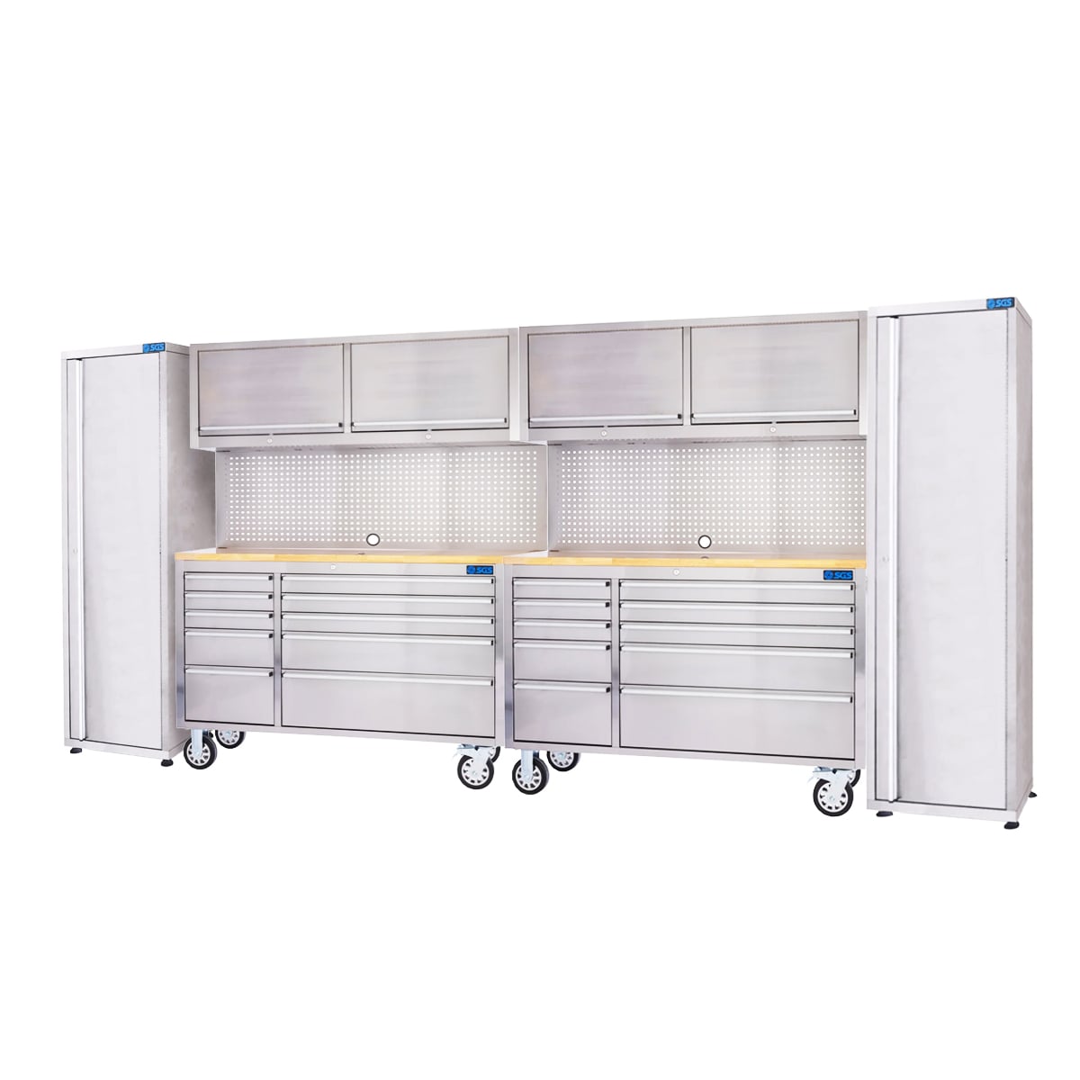 SGS 2x 55in 10 Drawer Stainless Steel Work Bench with Upper Cabinet and 2x Side Cabinets